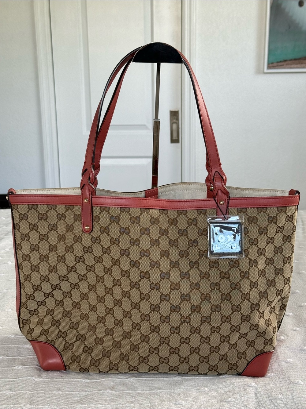 Gucci Beige Brown Monogram Tote with Pink Trim